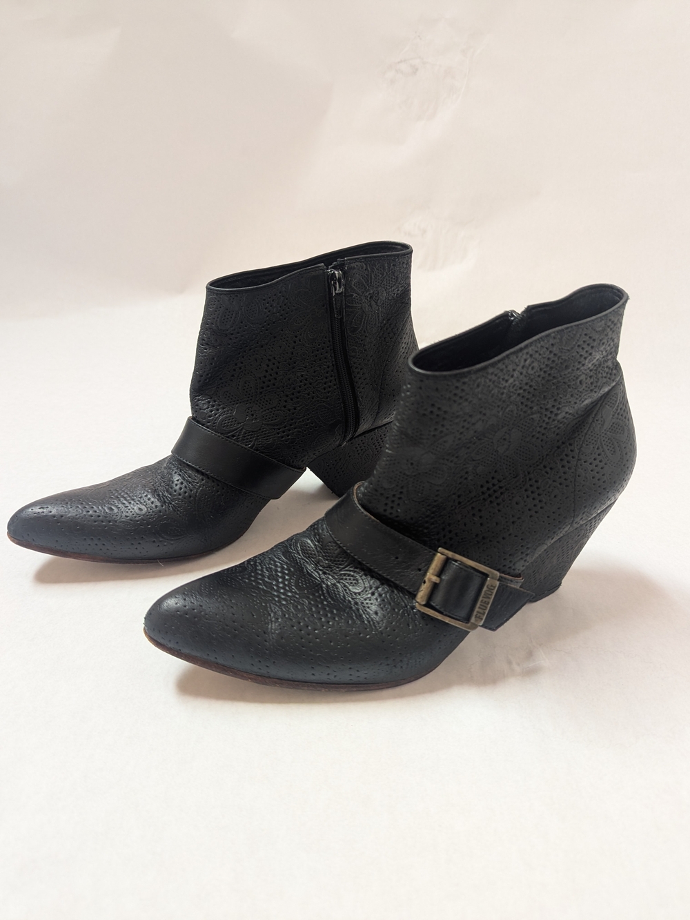 John Fluevog Women’s Black Textured Ankle Boots with Buckle